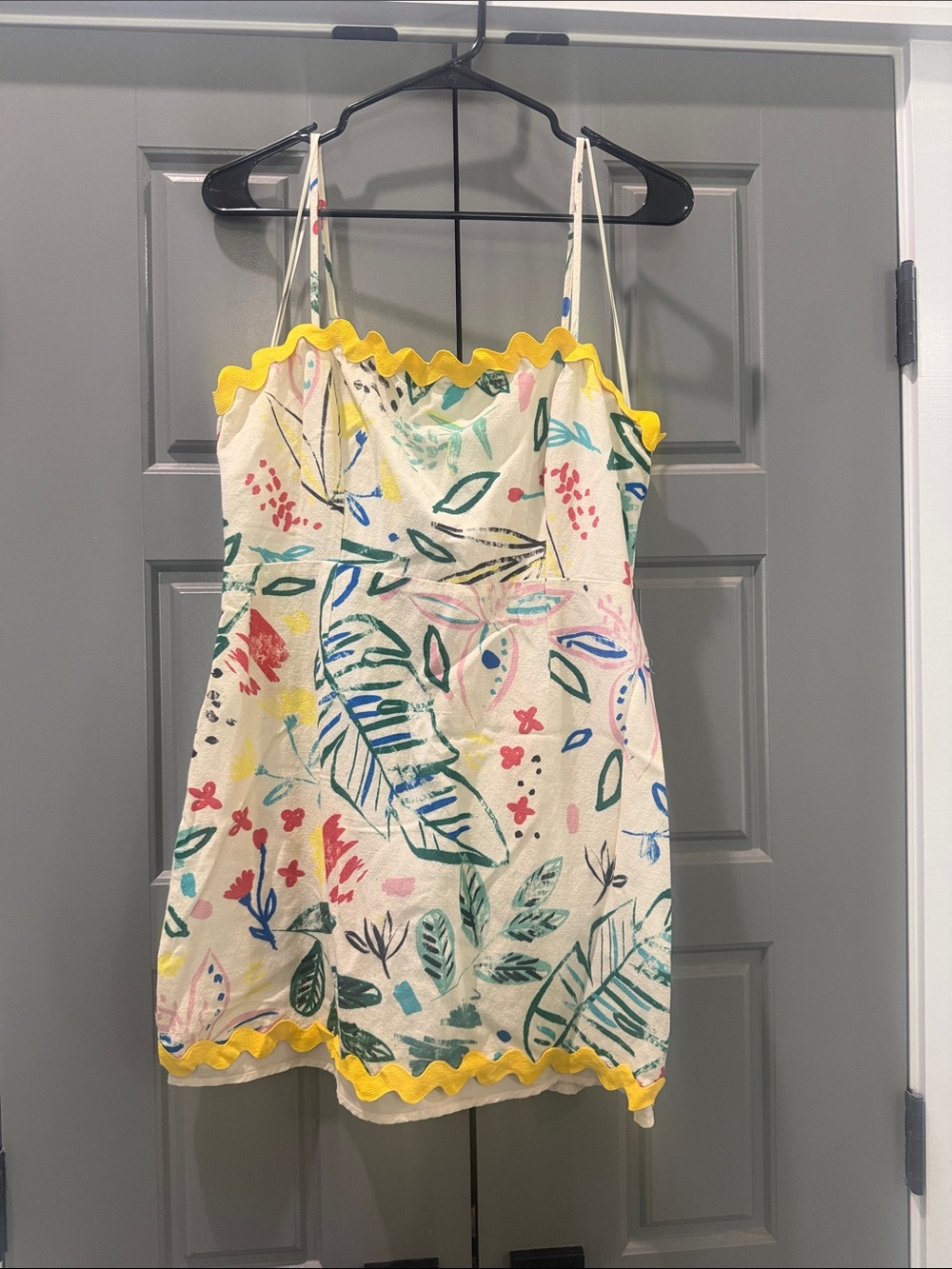 Cream Floral Print Spaghetti Strap Camisole with Yellow Trim